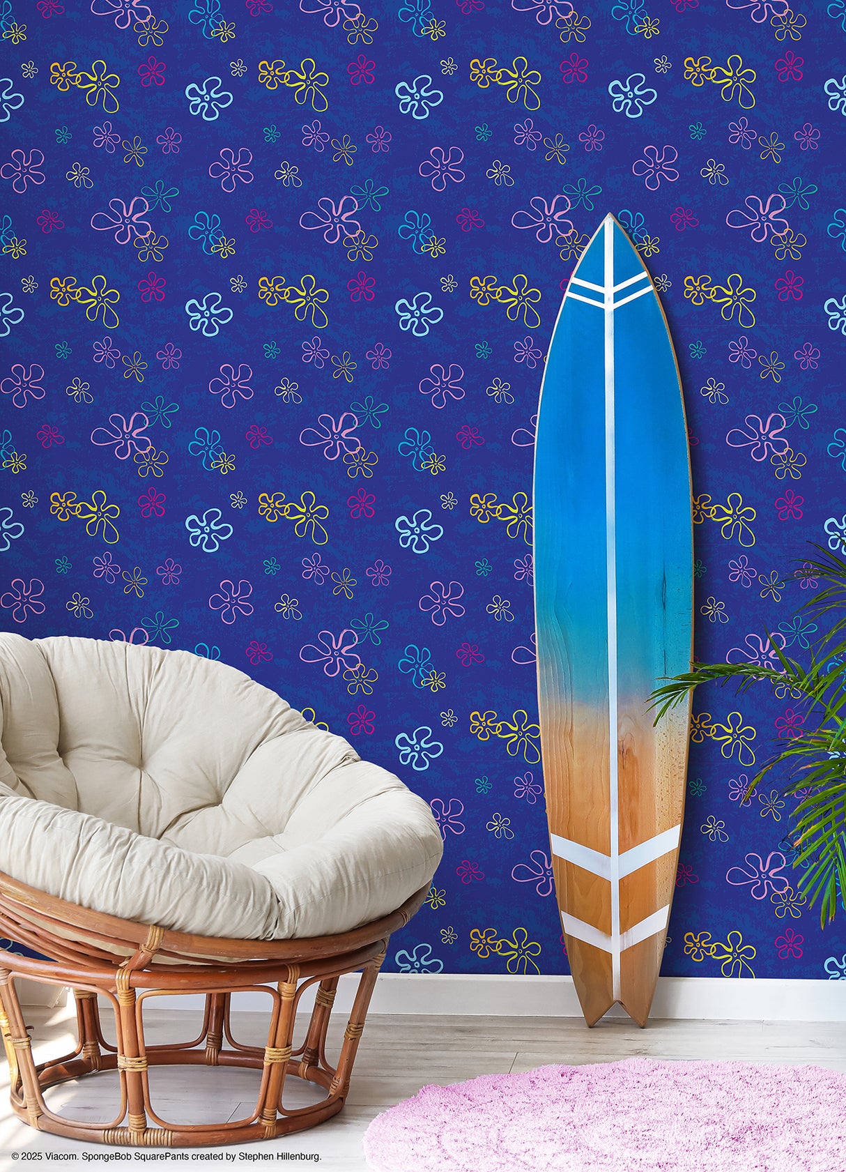 SpongeBob SquarePants Floral Blue by RoomMates Kids Licensed Bikini Bottom Signature Floating Flowers Peel and Stick Wallpaper - RMWS1369