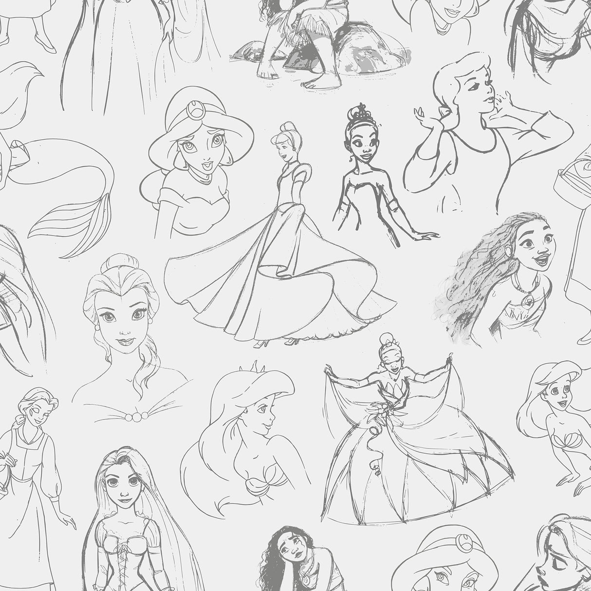 Disney Princess Sketches charcoal peel and stick wallpaper featuring hand drawn princess illustrations