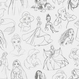 Disney Princess Sketches charcoal peel and stick wallpaper featuring hand drawn princess illustrations