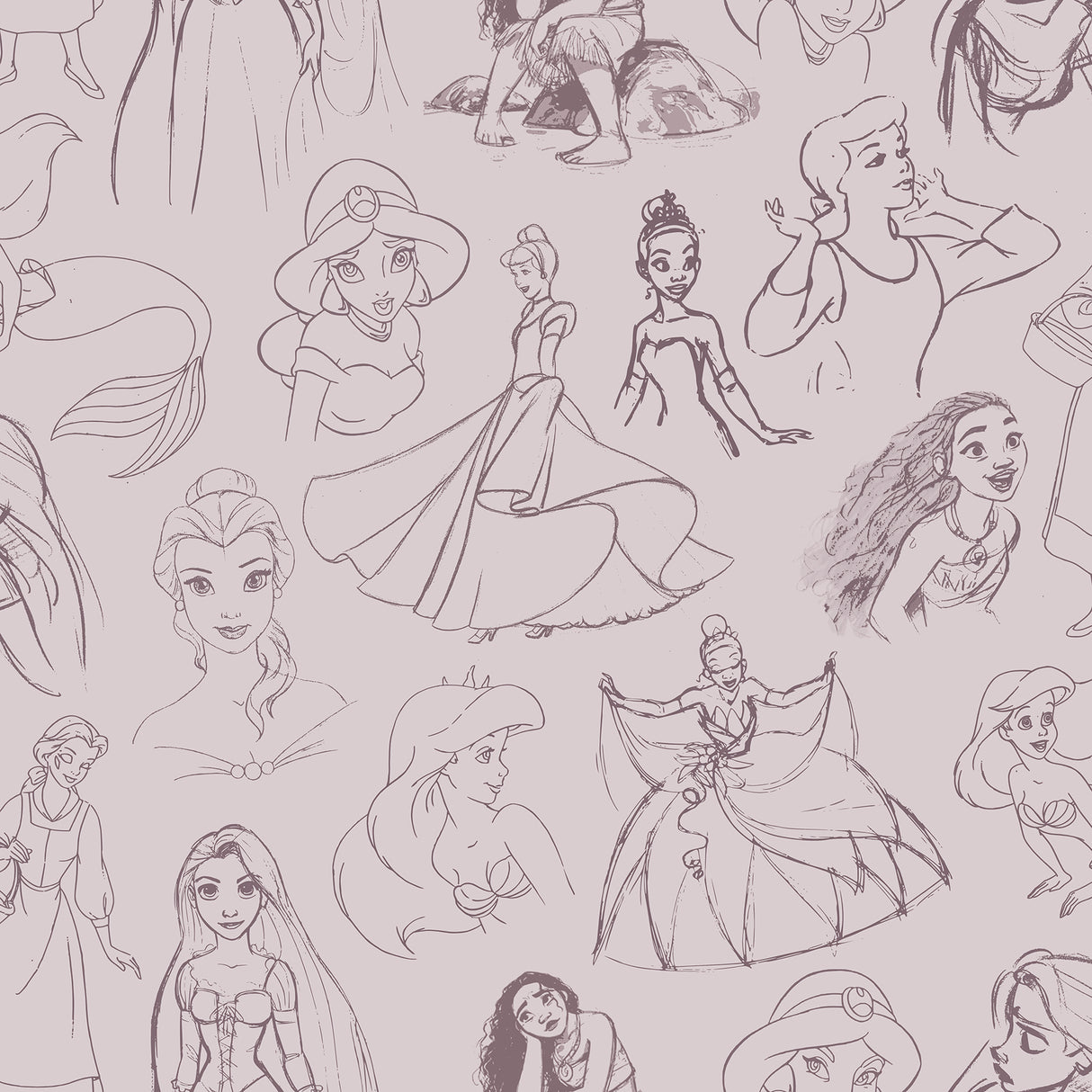 Disney Princess Sketches Plum Peel and Stick Wallpaper by RoomMates - RMWS1380