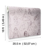 Disney Princess Sketches Plum Whimsical Fairy Tale Hand-Drawn Characters Novelty Kids Peel and Stick Wallpaper by RoomMates - RMWS1380