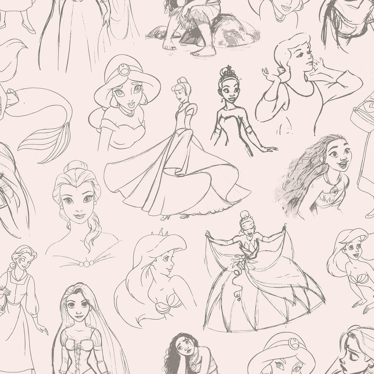 Disney Princess Sketches Pink Peel and Stick Wallpaper by RoomMates - RMWS1381