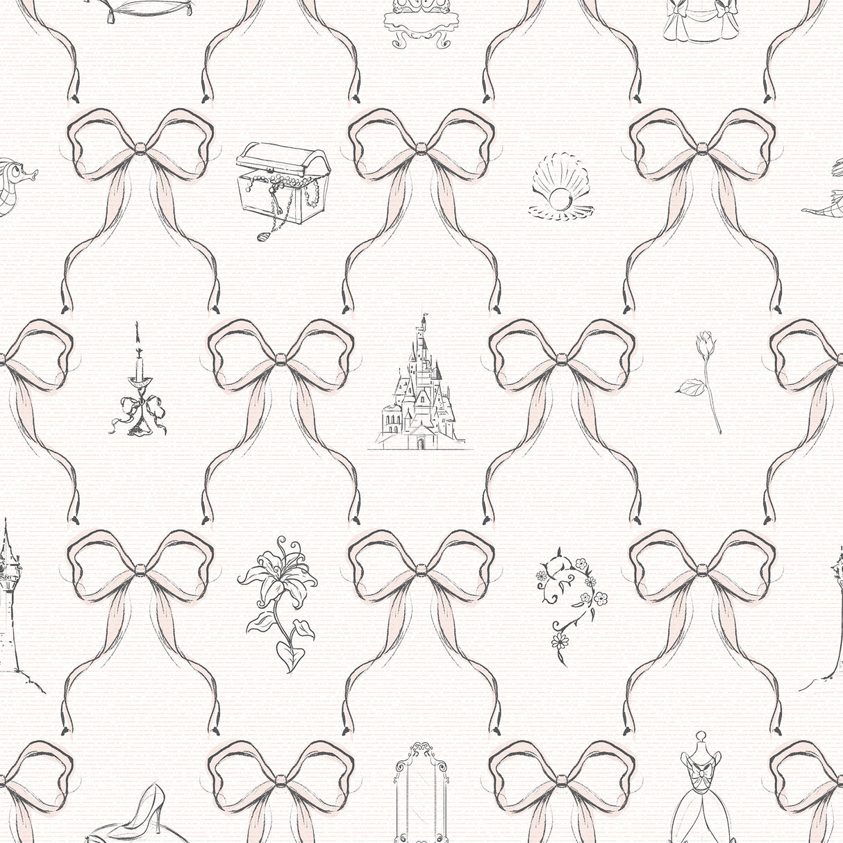 Disney Princess Bows pink peel and stick wallpaper roll by RoomMates featuring bow motif and princess-inspired icons