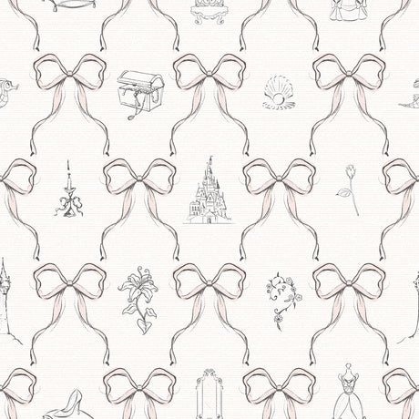 Disney Princess Bows pink peel and stick wallpaper roll by RoomMates featuring bow motif and princess-inspired icons