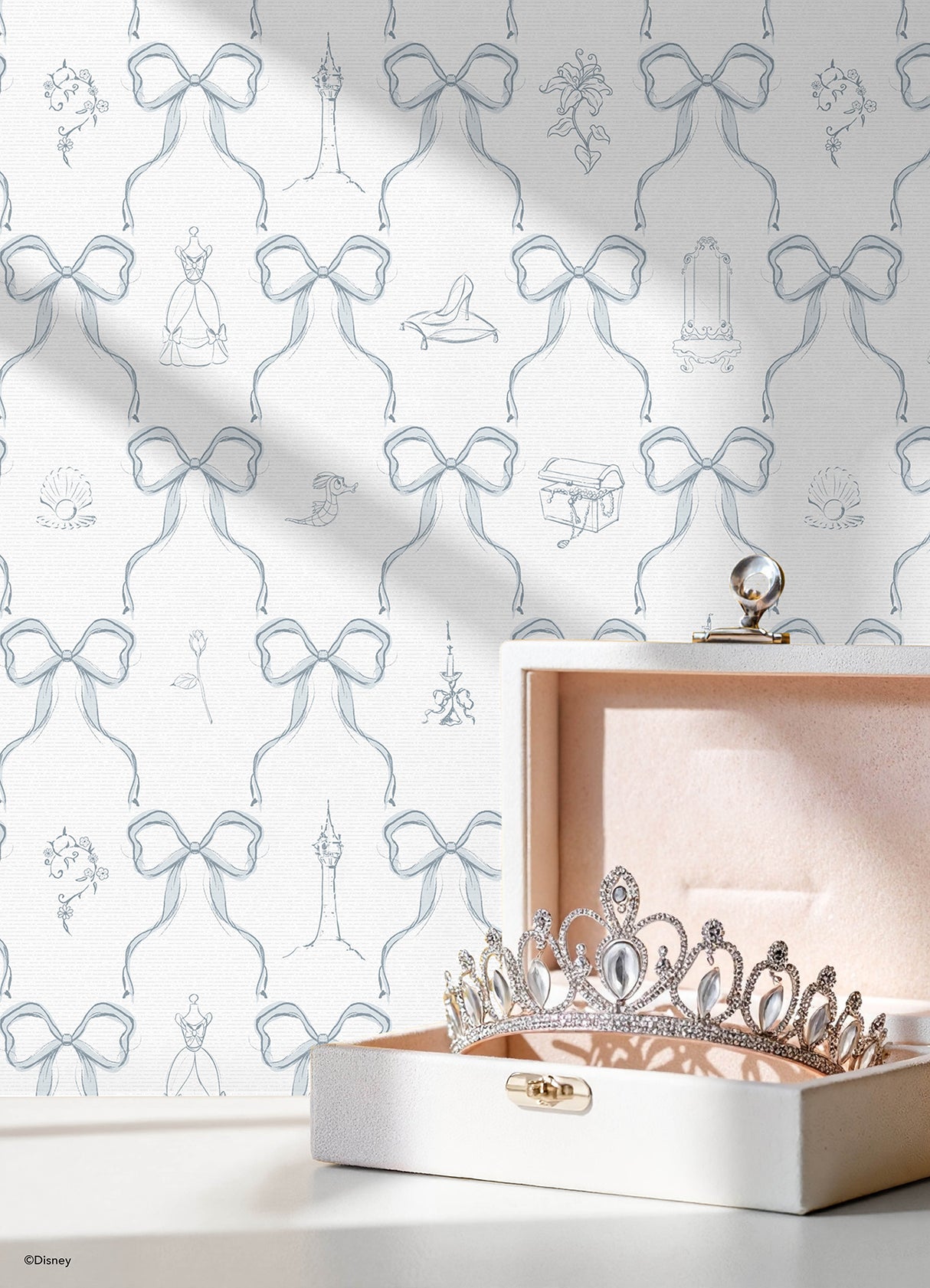 Disney Princess Bows Blue Peel and Stick Wallpaper by RoomMates - Disney Licensed Fairy Tales Fantasy Tween Kids Room Wallpaper RMWS1383
