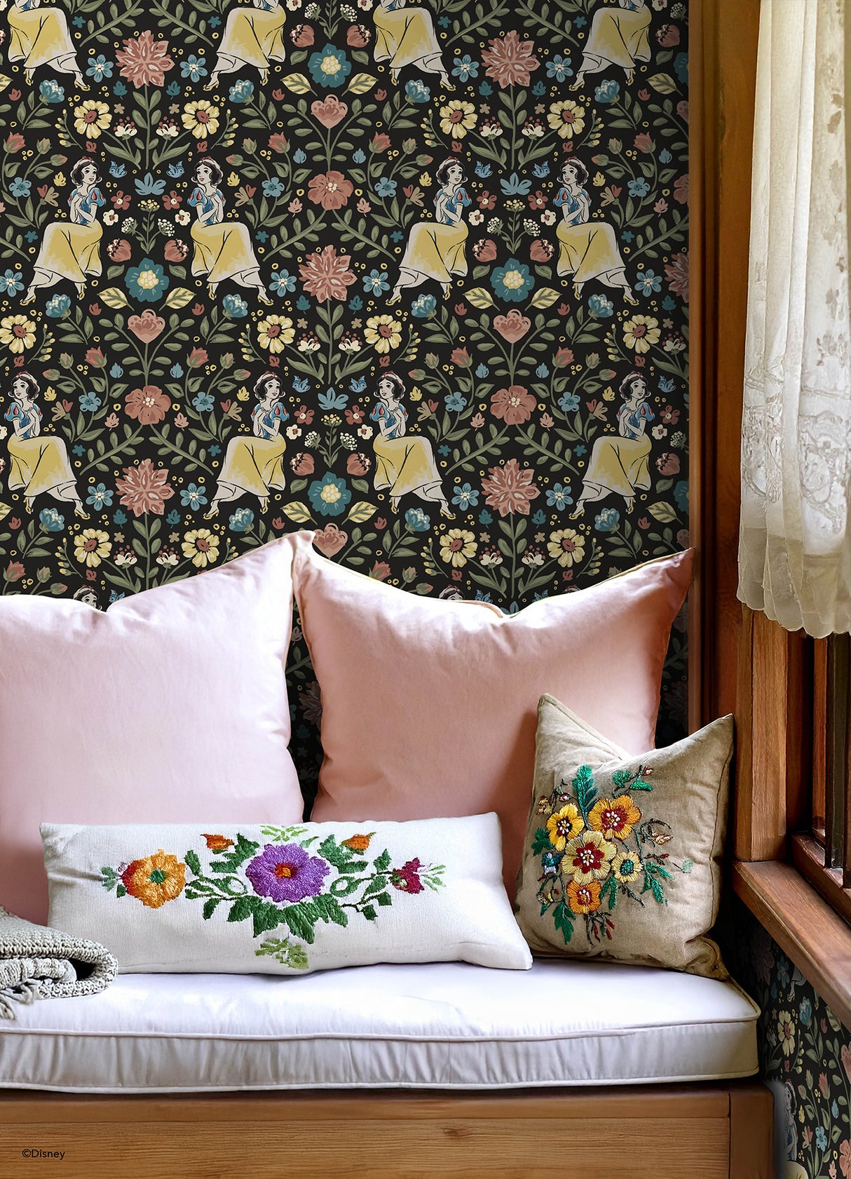 Disney Snow White Wishing Garden Charcoal by RoomMates Peel and Stick Storybook Floral Disney Princess Removable Wallpaper - RMWS1385