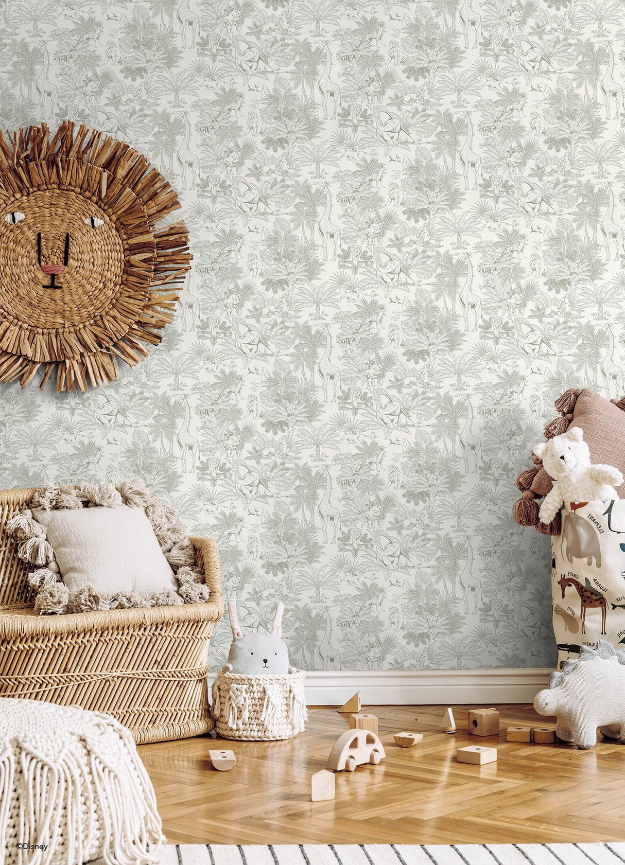 Disney Lion King Tropical Toile Sage by RoomMates Fully Removable Repositionable Peel and Stick Safari Kids Wallpaper - RMWS1387
