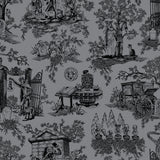 Disney Haunted Mansion Toile Black Peel and Stick Wallpaper by RoomMates - RMWS1389, featuring intricate black toile vignettes on a grey background