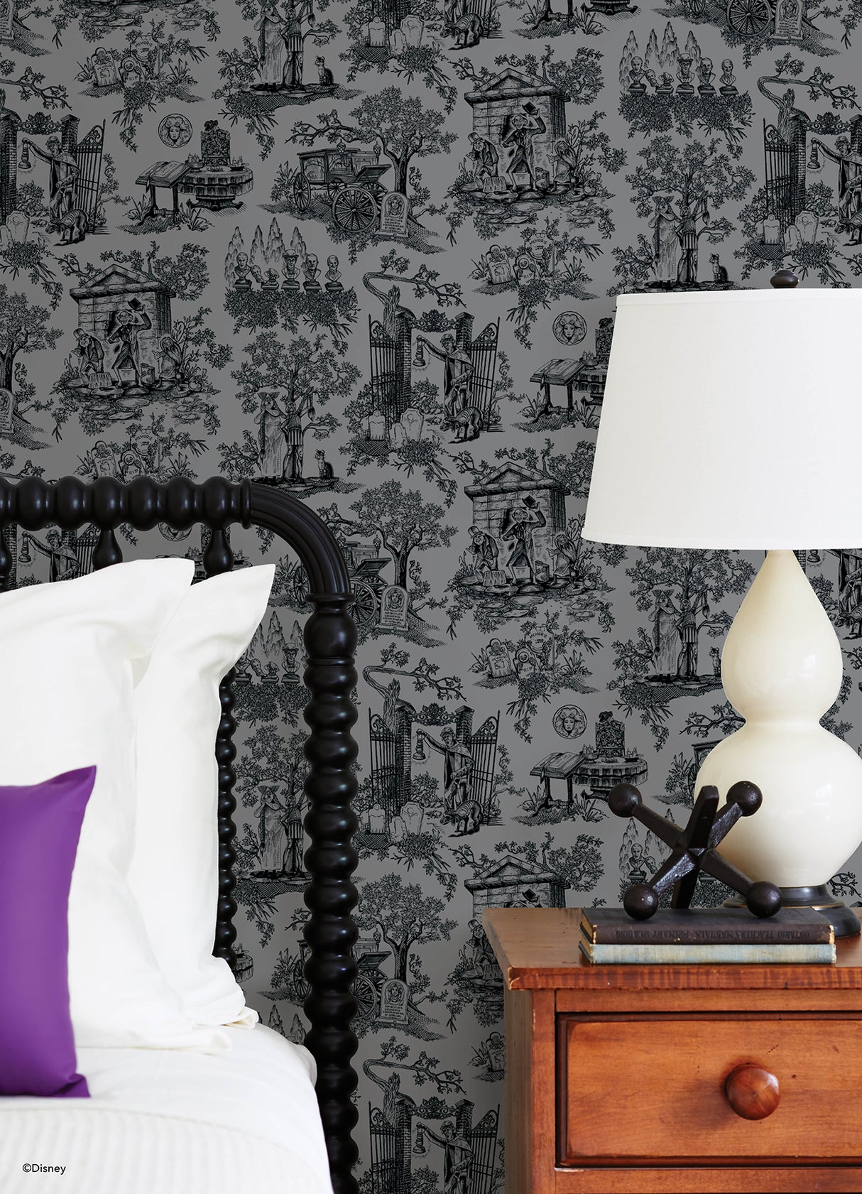 Disney Haunted Mansion Toile Black Peel and Stick Wallpaper by RoomMates - Iconic Haunted Mansion Toile with Ornate Vignettes - RMWS1389