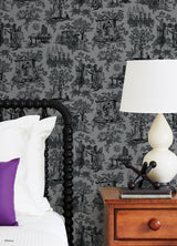 Disney Haunted Mansion Toile Black Peel and Stick Wallpaper by RoomMates - Iconic Haunted Mansion Toile with Ornate Vignettes - RMWS1389