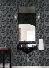 Disney Haunted Mansion Toile Black Peel and Stick Wallpaper by RoomMates - Iconic Haunted Mansion Toile with Ornate Vignettes - RMWS1389