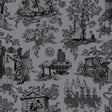 Disney Haunted Mansion Toile Black Peel and Stick Wallpaper by RoomMates - RMWS1389, featuring intricate black toile vignettes on a grey background