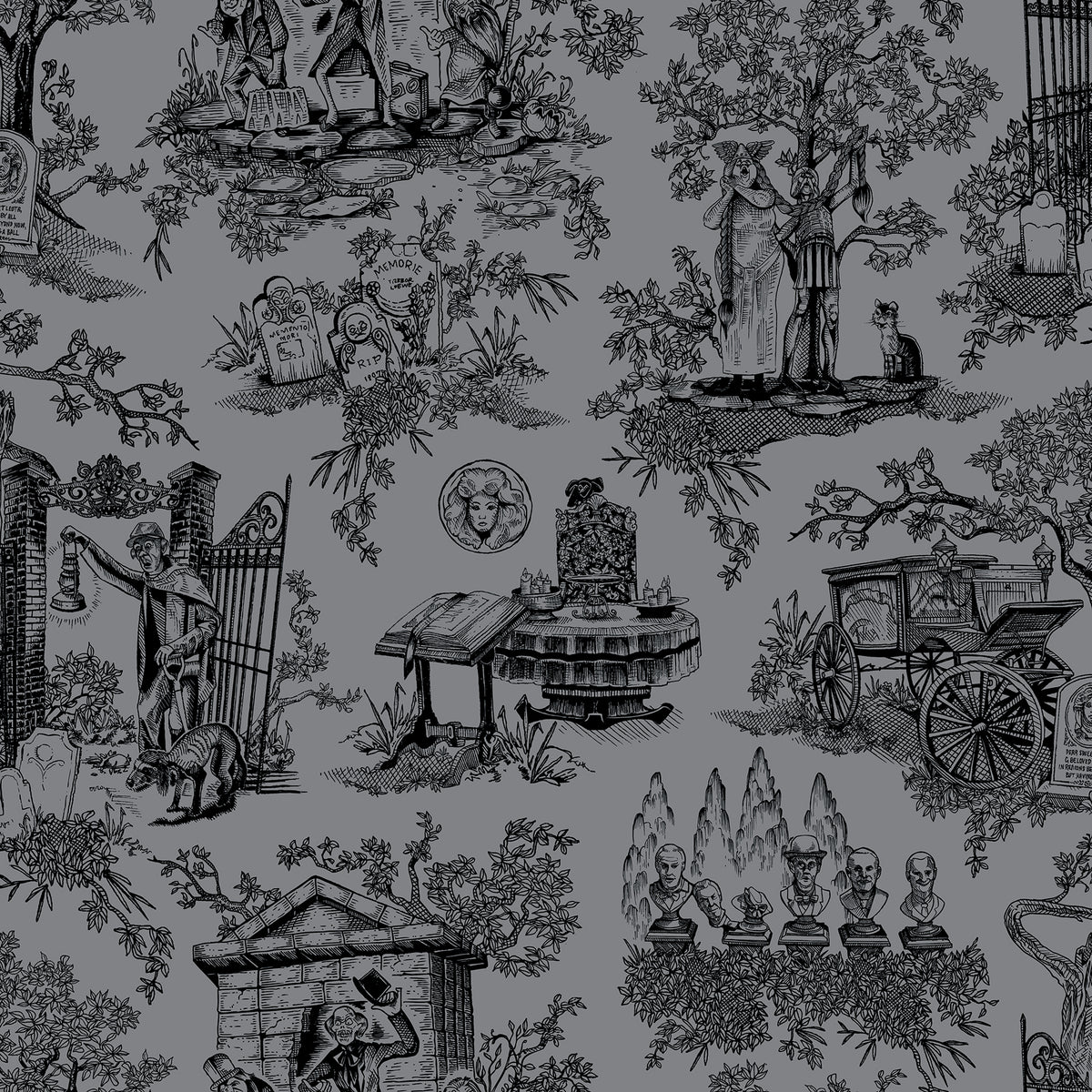 Disney Haunted Mansion Toile Black Peel and Stick Wallpaper by RoomMates - RMWS1389, featuring intricate black toile vignettes on a grey background