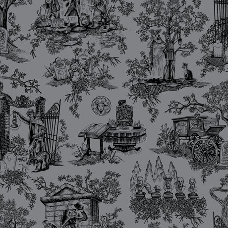 Disney Haunted Mansion Toile Black Peel and Stick Wallpaper by RoomMates - RMWS1389, featuring intricate black toile vignettes on a grey background