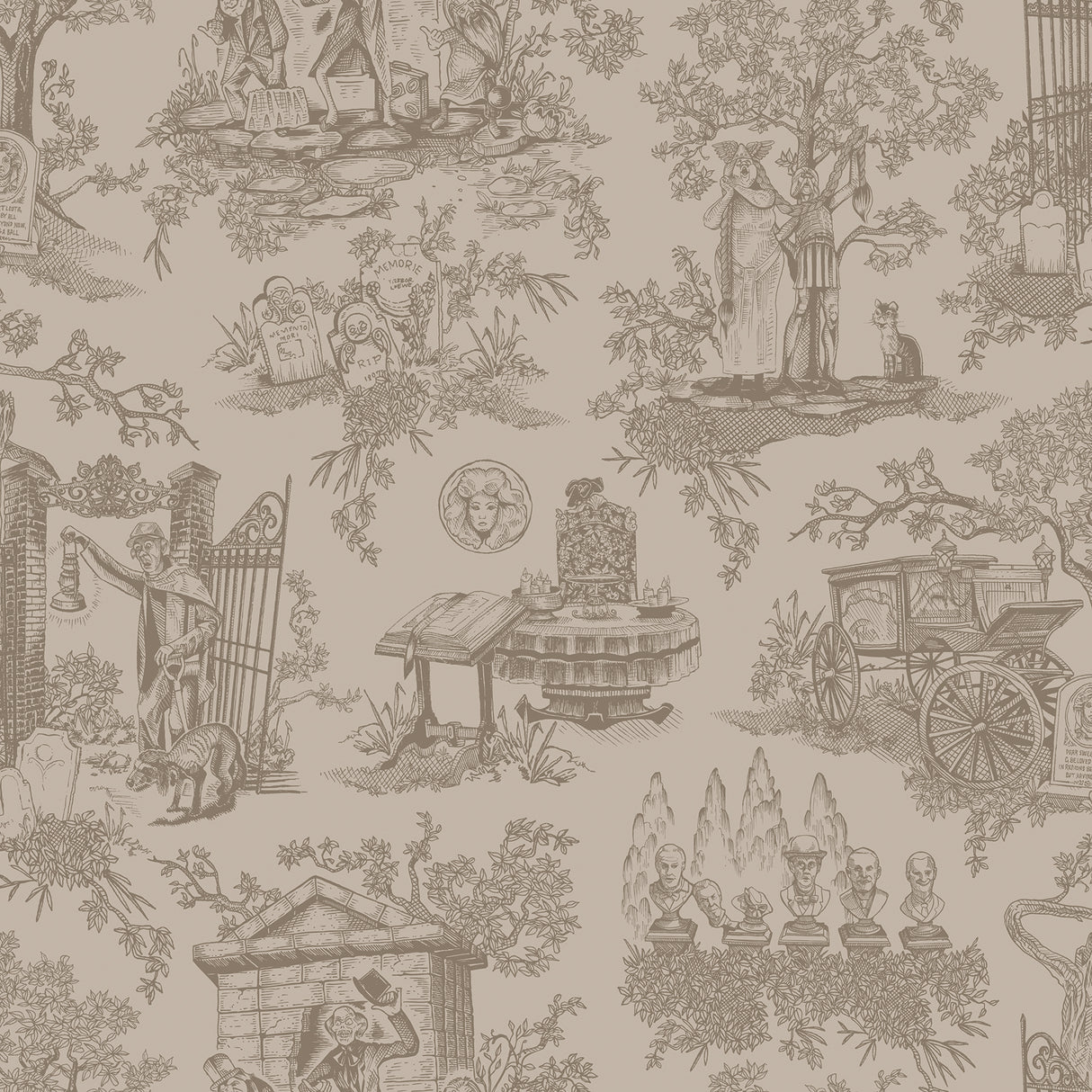 Disney Haunted Mansion Toile Taupe Peel and Stick Wallpaper by RoomMates - RMWS1390