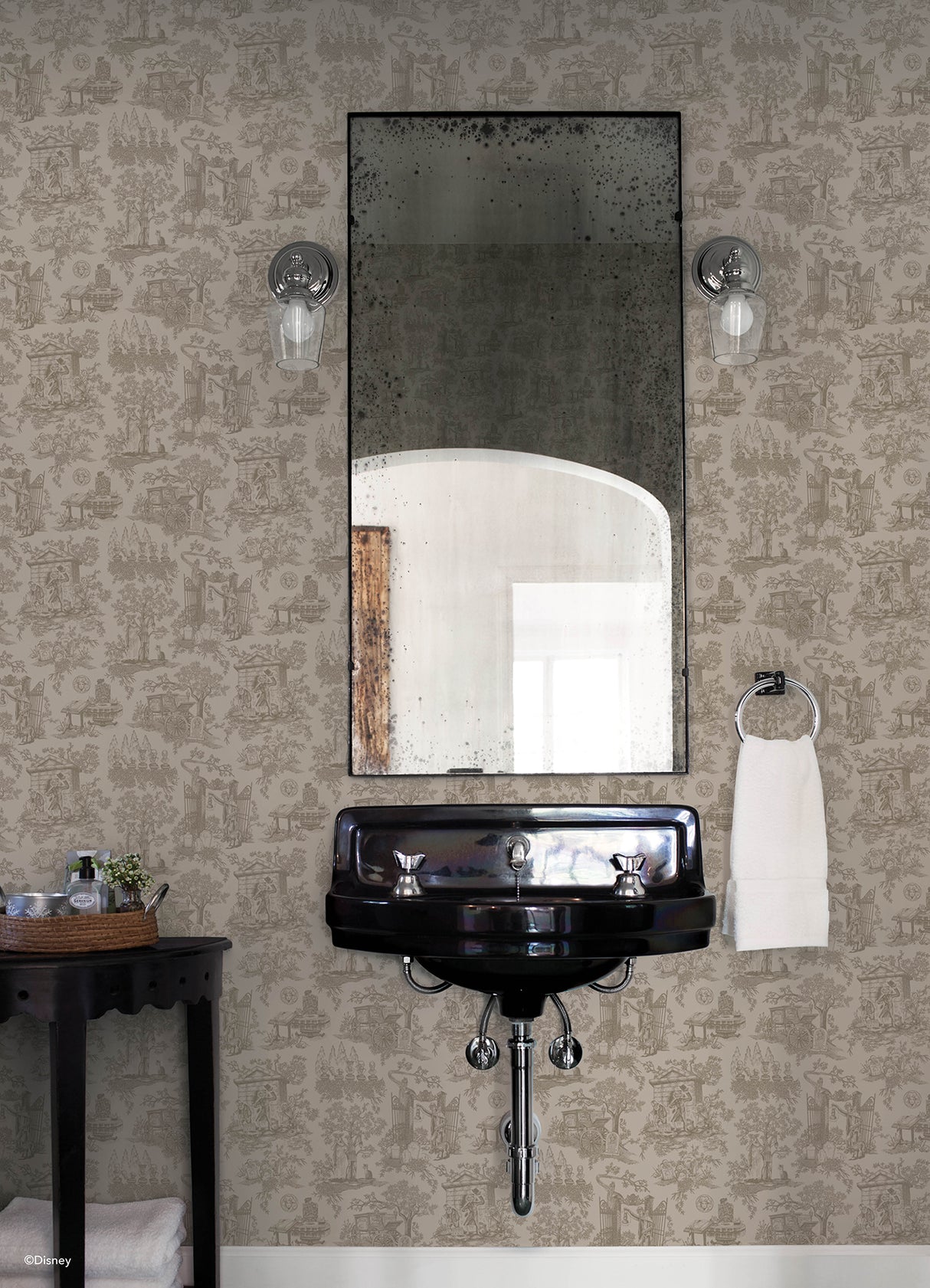 Disney Haunted Mansion Toile Taupe by RoomMates Iconic Spooky Gothic Haunted House Detailed Illustration Peel and Stick Wallpaper - RMWS1390