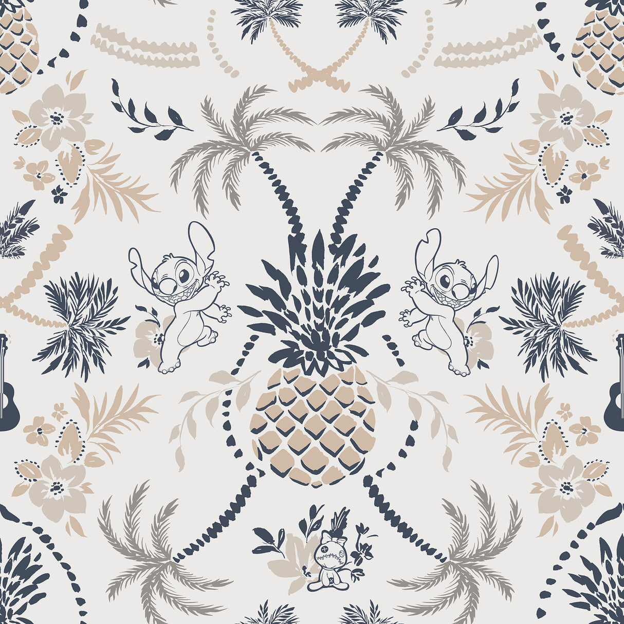 Disney Stitch Pineapple Damask Taupe and Blue Peel and Stick Wallpaper by RoomMates - RMWS1392