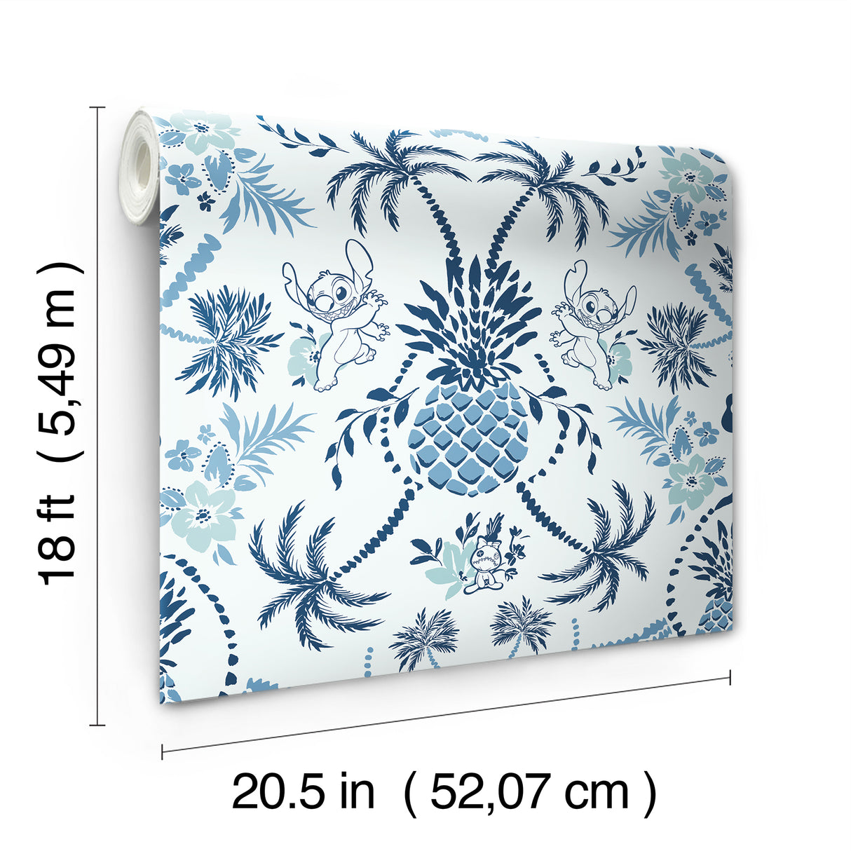 Disney Stitch Pineapple Damask Blue by RoomMates Lilo and Stitch Tropical Beach Peel and Stick Wallpaper Roll, 20.5 in x 18 ft - RMWS1393