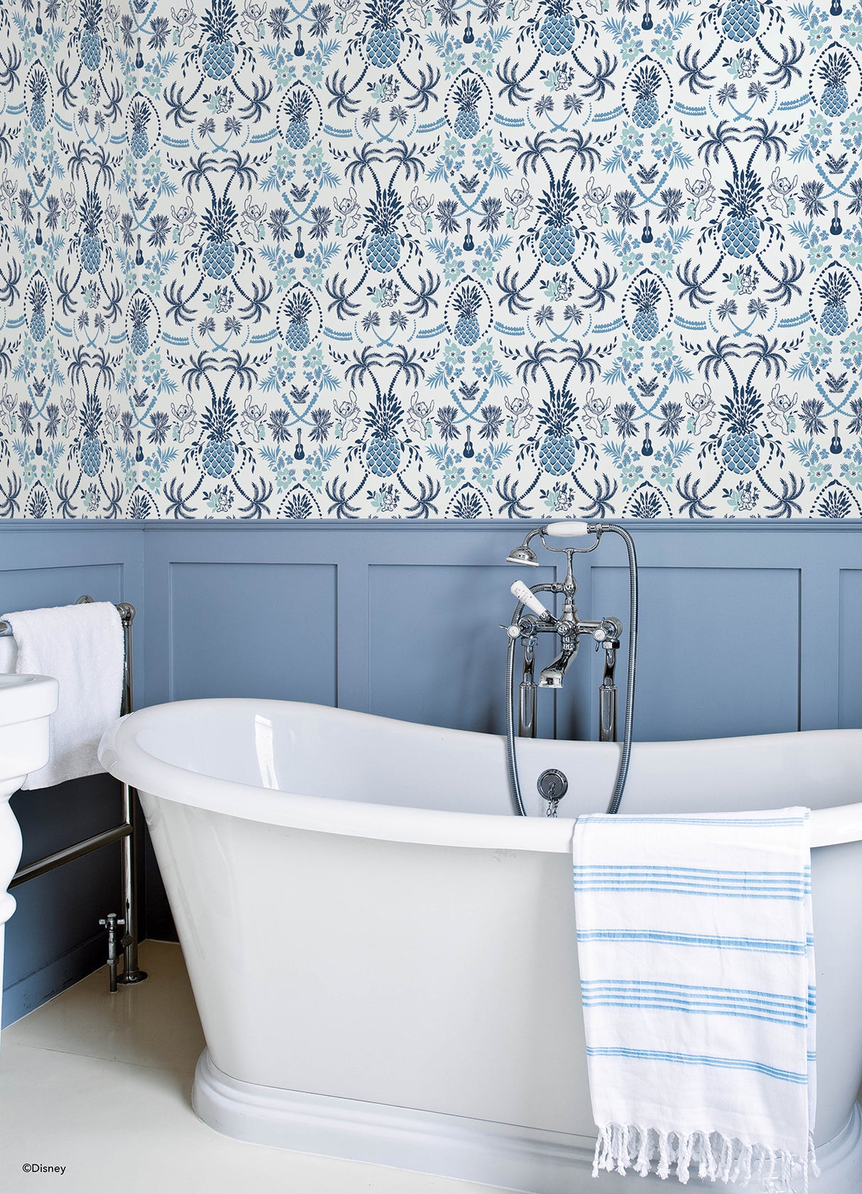 Disney Stitch Pineapple Damask Blue by RoomMates Lilo and Stitch Tropical Beach Peel and Stick Wallpaper Roll, 20.5 in x 18 ft - RMWS1393