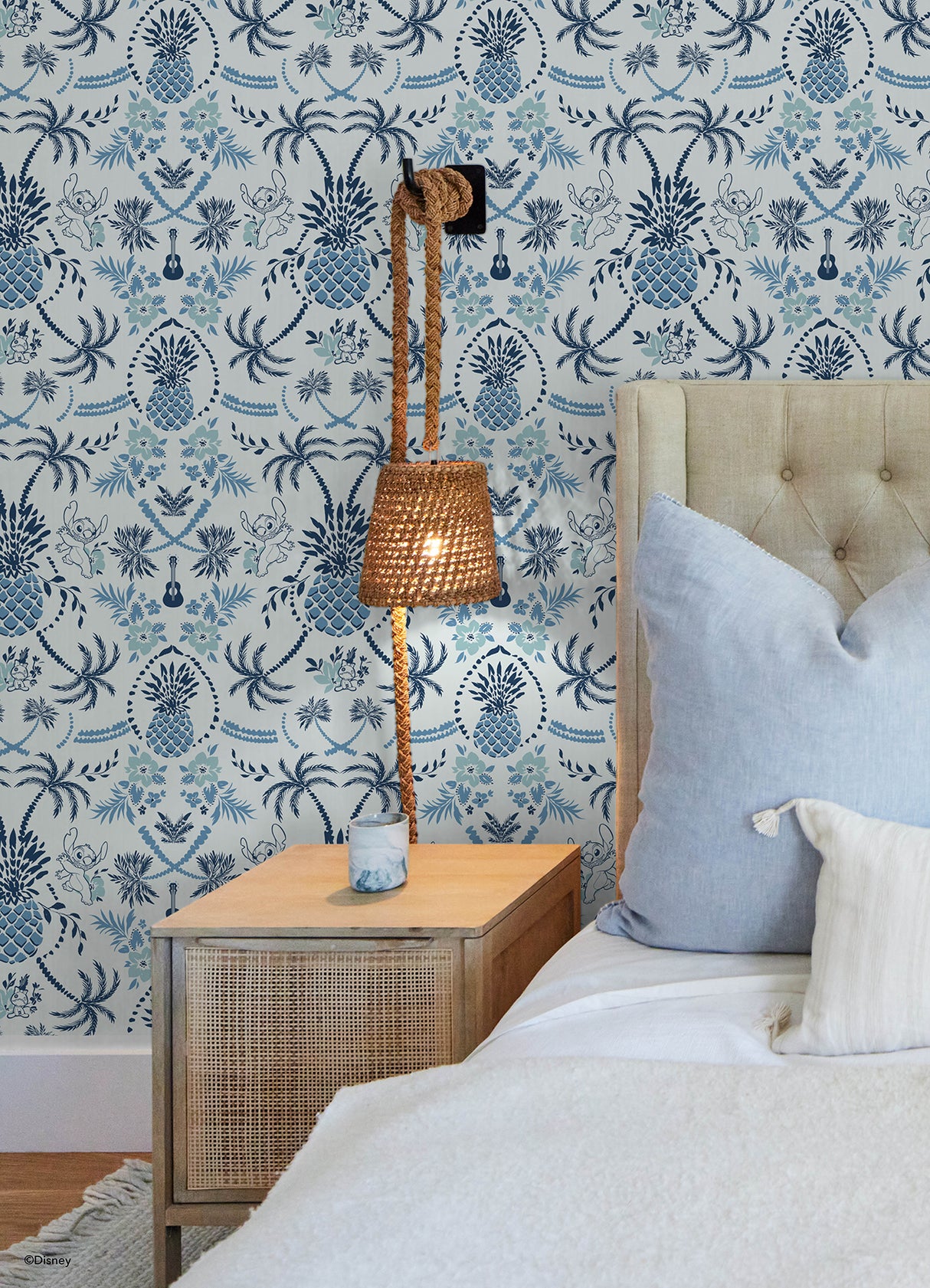 Disney Stitch Pineapple Damask Blue by RoomMates Lilo and Stitch Tropical Beach Peel and Stick Wallpaper Roll, 20.5 in x 18 ft - RMWS1393