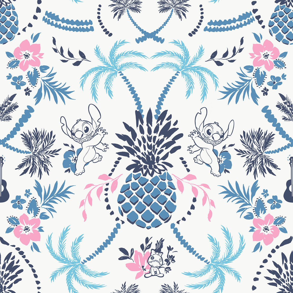 Disney Stitch Pineapple Damask Blue and Pink Peel and Stick Wallpaper by RoomMates - RMWS1394
