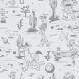 Disney Toy Story Toile Grey Peel and Stick Wallpaper close-up featuring Woody, Buzz Lightyear, Jessie, and Bullseye in a grey Western desert toile pattern by RoomMates