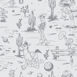 Disney Toy Story Toile Grey Peel and Stick Wallpaper close-up featuring Woody, Buzz Lightyear, Jessie, and Bullseye in a grey Western desert toile pattern by RoomMates