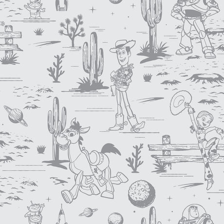 Disney Toy Story Toile Grey Peel and Stick Wallpaper close-up featuring Woody, Buzz Lightyear, Jessie, and Bullseye in a grey Western desert toile pattern by RoomMates