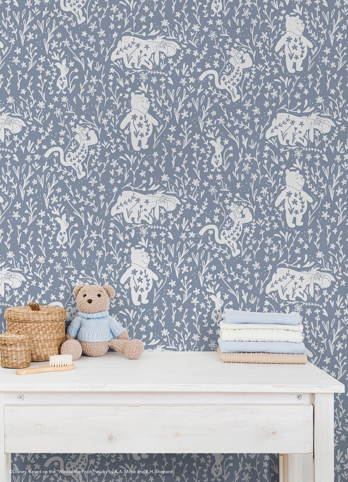 Disney Winnie the Pooh Block Print Blue by RoomMates Peel and Stick Wallpaper for Nursery and Kids Rooms Hundred Acre Wood - RMWS1398