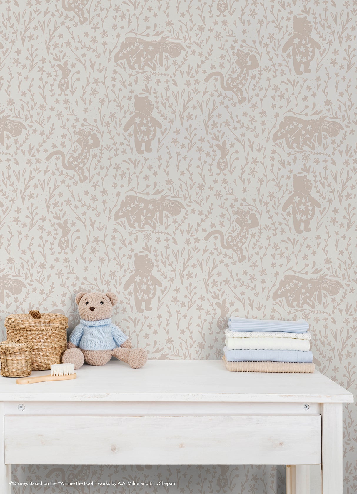 Disney Winnie the Pooh Block Print Tan Peel and Stick Removable Vinyl Wallpaper for Nursery and Kids Rooms by RoomMates - RMWS1399