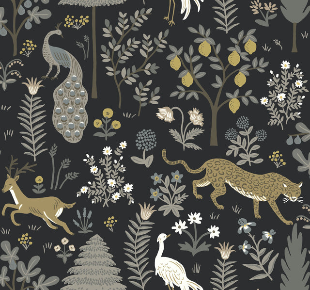 Menagerie Blue Wallpaper with Lush Animal and Floral Drop-Match Pattern - York RP7302