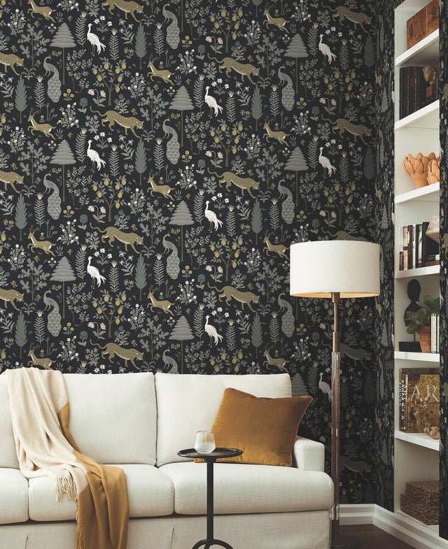 Menagerie Blue Wallpaper with Lush Animal and Floral Drop-Match Pattern - York RP7302