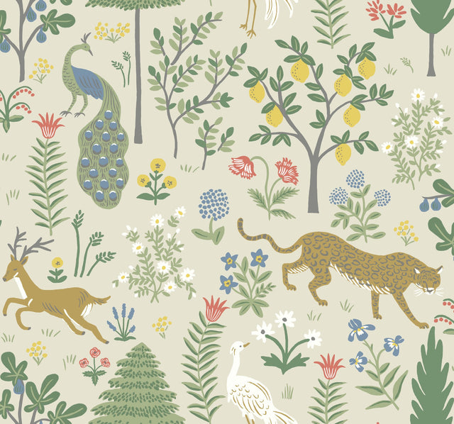 Menagerie Beige Wallpaper with Whimsical Forest Animal and Floral Motif - York RP7303