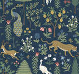 Menagerie Blue & Brown Wallpaper with Lush Animal & Floral Motif - York RP7304