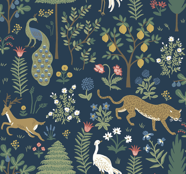 Menagerie Blue & Brown Wallpaper with Lush Animal & Floral Motif - York RP7304