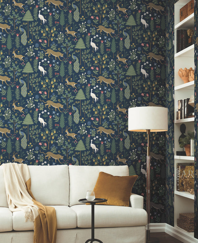 Menagerie Blue & Brown Wallpaper with Lush Animal & Floral Motif - York RP7304
