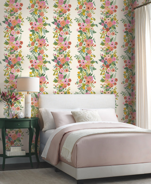 Garden Party Trellis White & Dark Pink Wallpaper with Floral Botanical Stripe - York RP7310