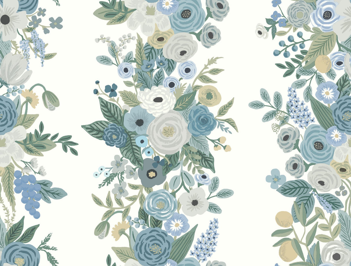Garden Party Trellis White & Blue Wallpaper with Floral Botanical Stripe - York RP7314