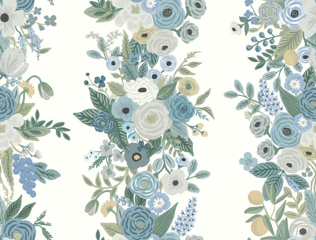 Garden Party Trellis White & Blue Wallpaper with Floral Botanical Stripe - York RP7314