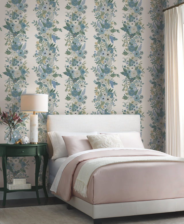 Garden Party Trellis White & Blue Wallpaper with Floral Botanical Stripe - York RP7314