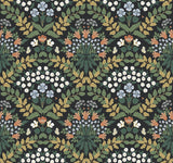 Bramble Black & Green Wallpaper with Botanical Art Nouveau Floral Motif - York RP7318