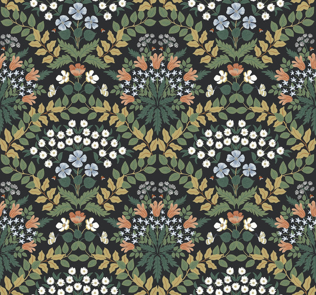 Bramble Black & Green Wallpaper with Botanical Art Nouveau Floral Motif - York RP7318