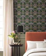 Bramble Black & Green Wallpaper with Botanical Art Nouveau Floral Motif - York RP7318