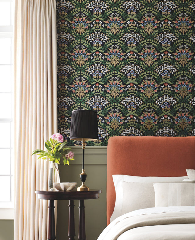Bramble Black & Green Wallpaper with Botanical Art Nouveau Floral Motif - York RP7318