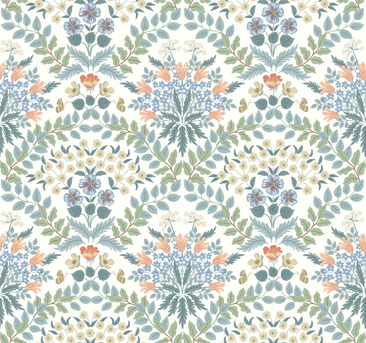 Bramble White & Green Wallpaper with Botanical Art Nouveau Floral Motif - York RP7319
