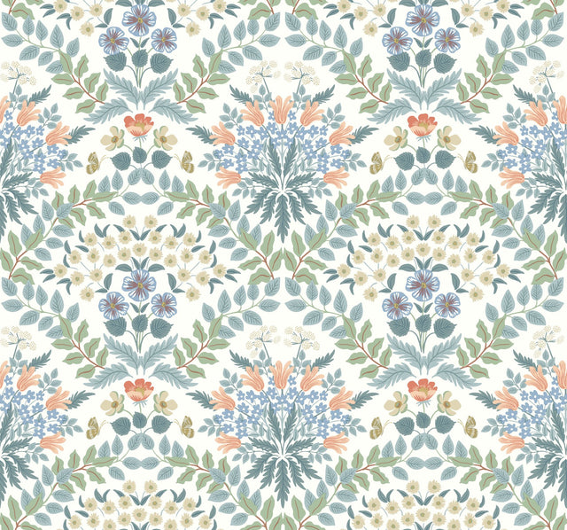 Bramble White & Green Wallpaper with Botanical Art Nouveau Floral Motif - York RP7319