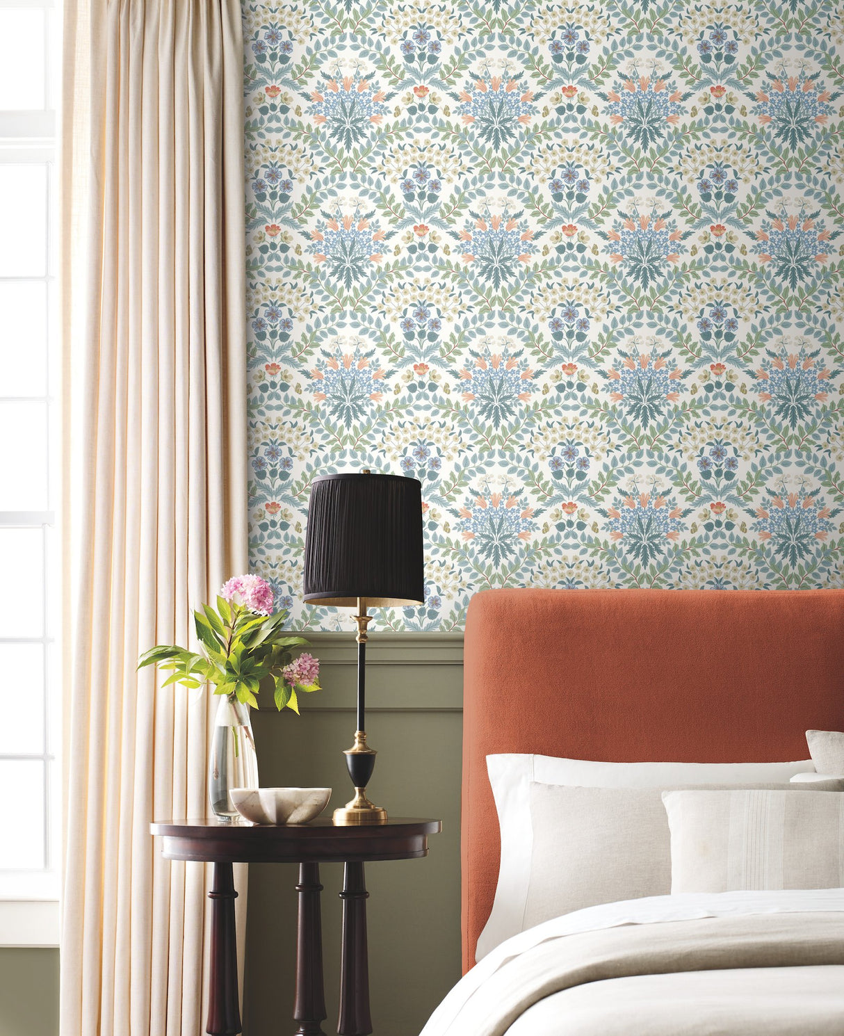 Bramble White & Green Wallpaper with Botanical Art Nouveau Floral Motif - York RP7319