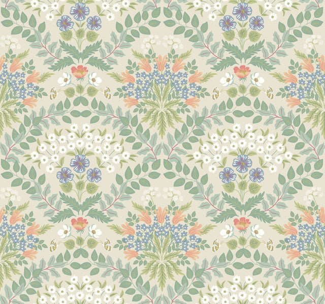Bramble Beige & Green Wallpaper with Botanical Floral Motif - York RP7321