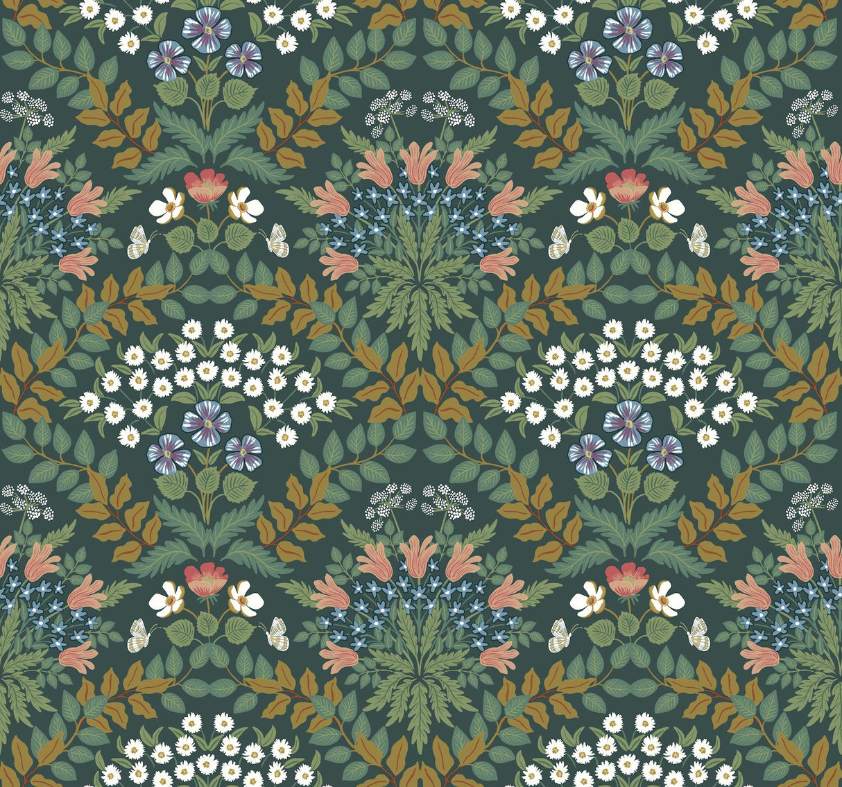 Bramble Green & Gold Wallpaper with Botanical Floral Motif - York RP7322