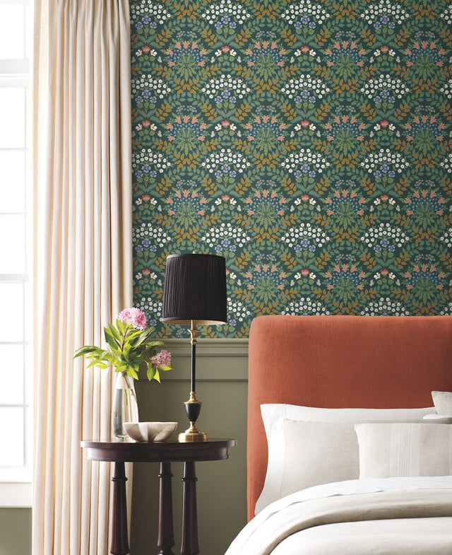 Bramble Green & Gold Wallpaper with Botanical Floral Motif - York RP7322